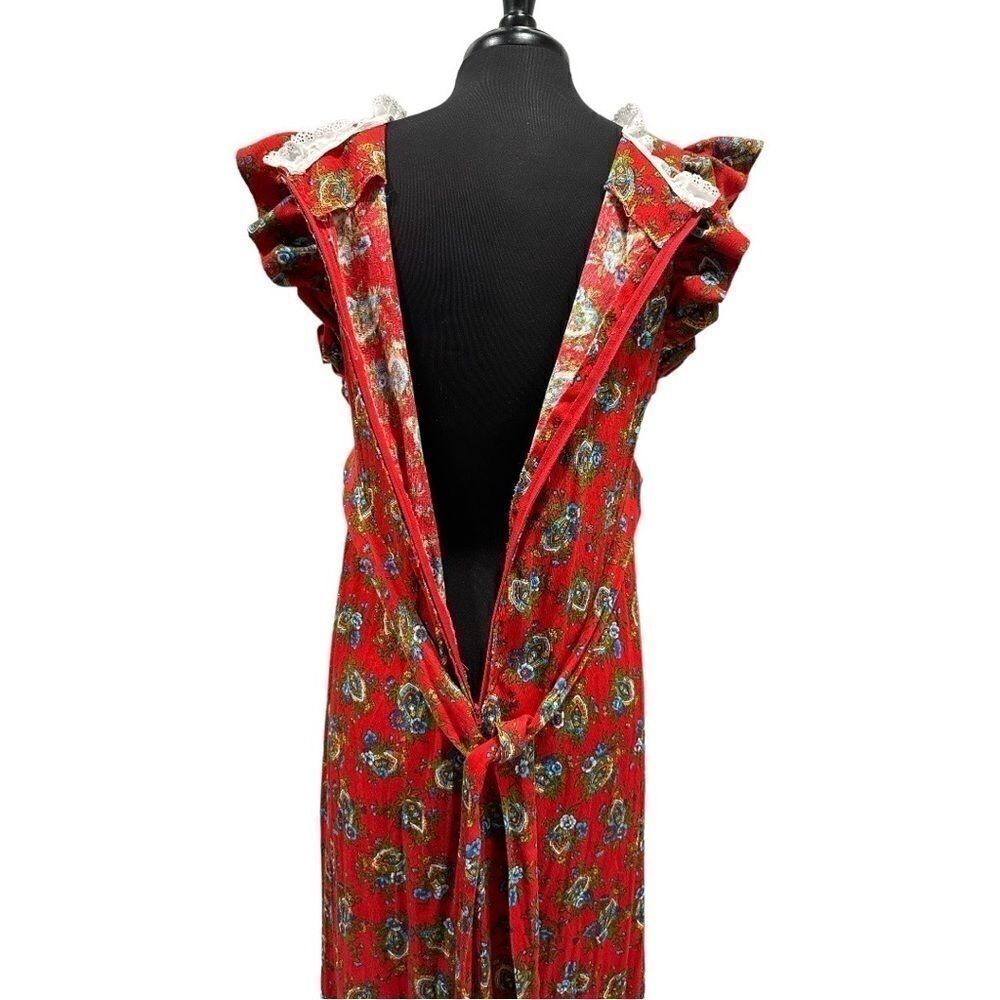 Vintage 1970s Handmade Floral Lace Prairie Maxi Dress Red Ruffle Sleeve Sz S - Picture 10 of 13